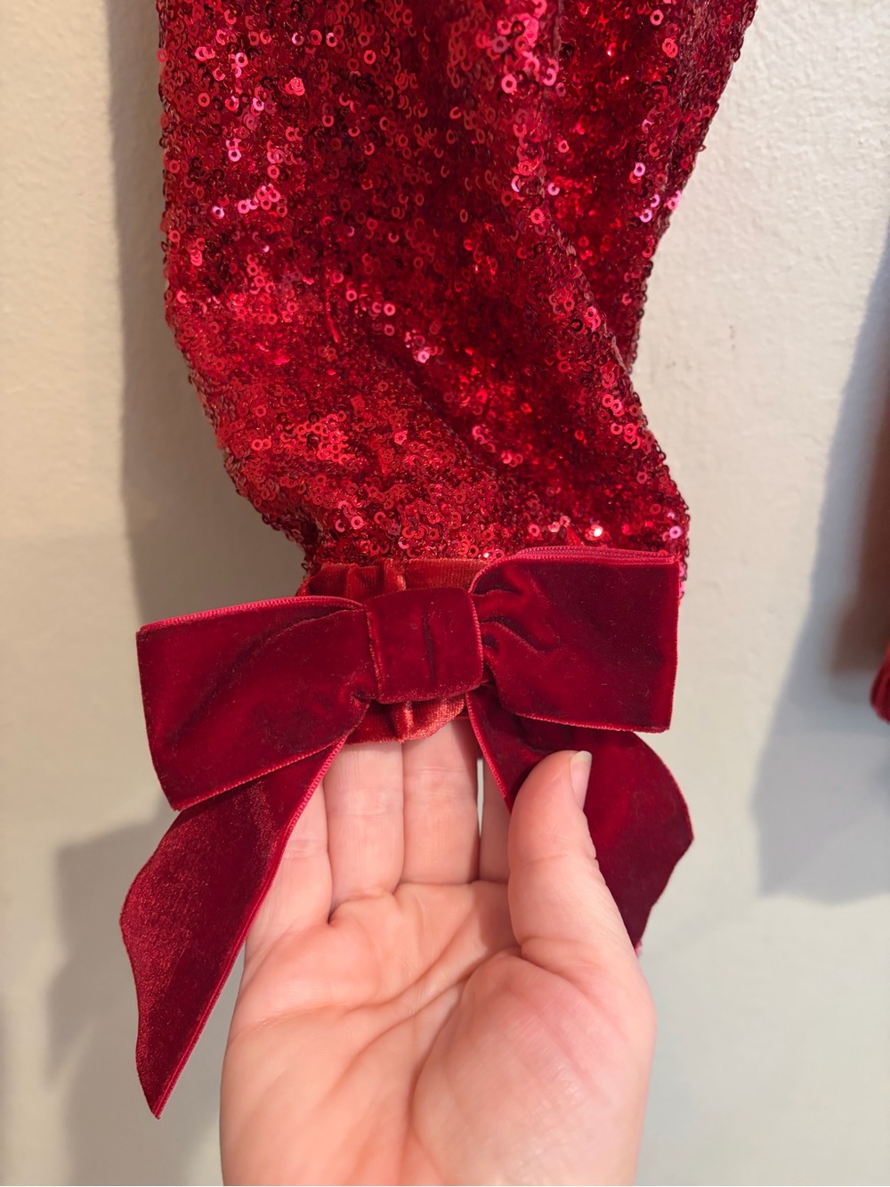 Jingle All The Way Red Sequin Party Track Pants, w/ Velvet Bows and High Waist - Picture 3 of 9